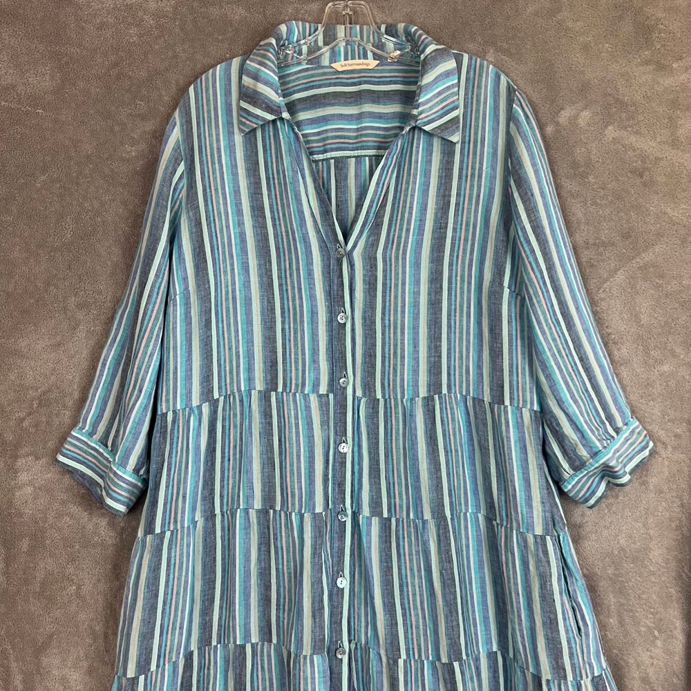 Soft Surroundings Tiered Midi Dress Womens XL Striped 100% Linen Resort - Picture 2 of 9